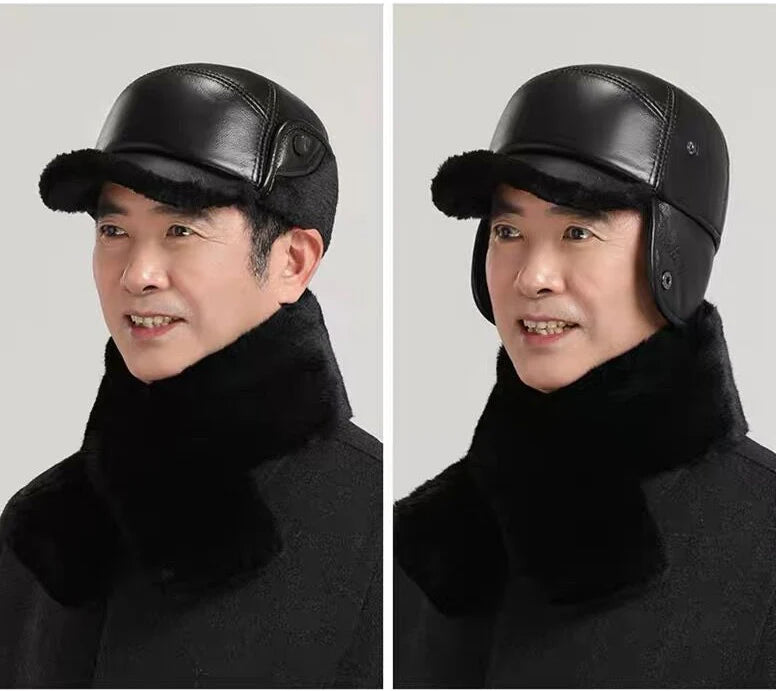 Winter Men's Hat Thicken Leather Cowskin Baseball Caps Bomber Hats With Ears Warm