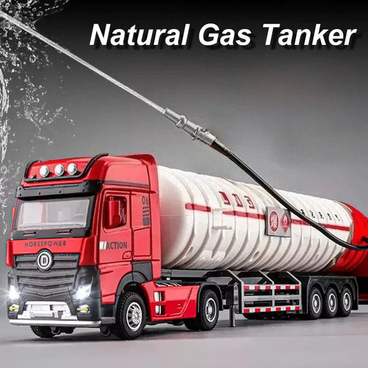1:50 Extended Trailer Natural Gas Tanker Truck Alloy Dump Car Model Diecast Toy Sound Light Pull Back Doors Opened Cars Gift