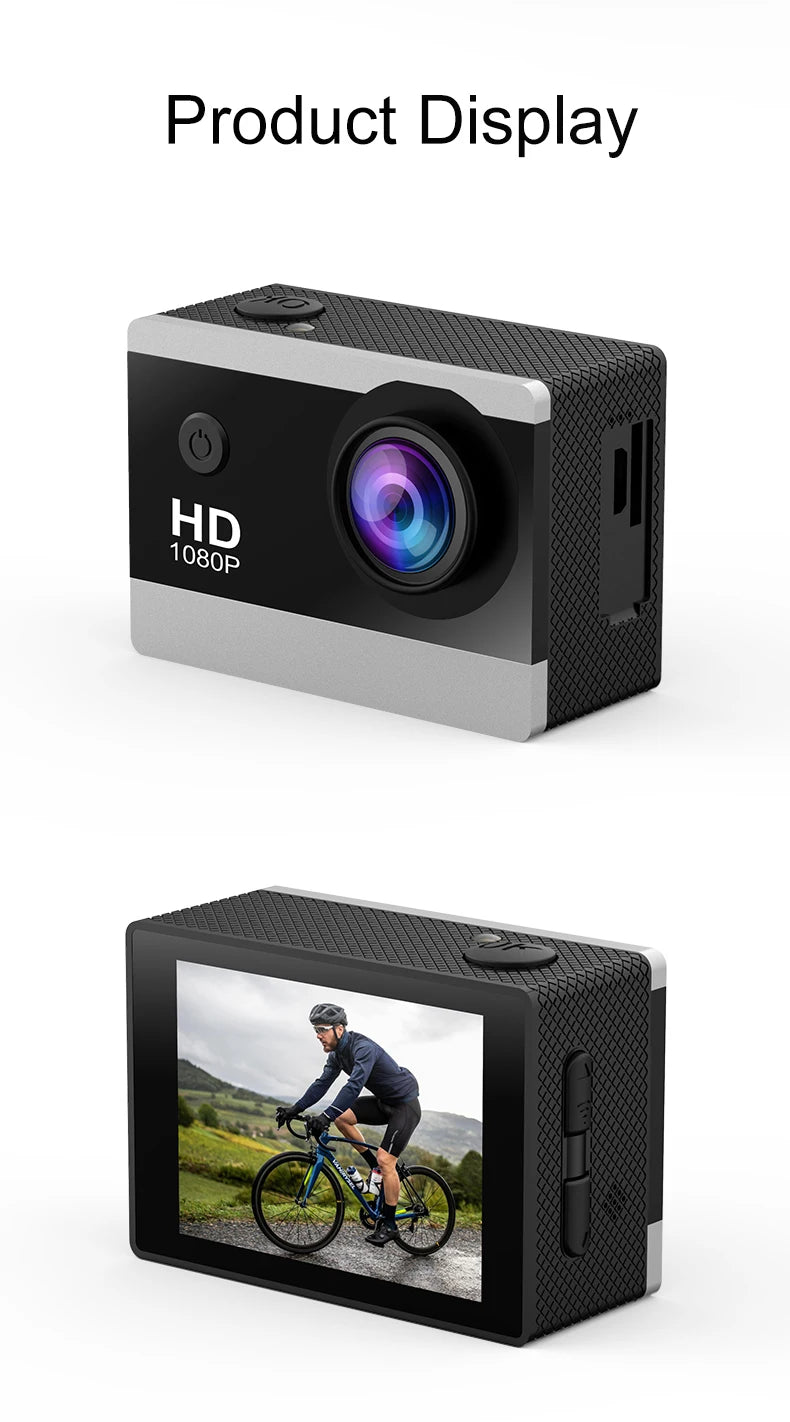 1080P Waterproof Action Camera with 2 Inch IPS Screen 170 Degree Wide Angle Helmet Sports Camera
