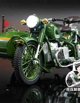 1/10 Alloy Retro Tricycle Side-car Motorcycle Model Diecast Metal Classic Military Motorcycle Model Sound and Light Toy Gift