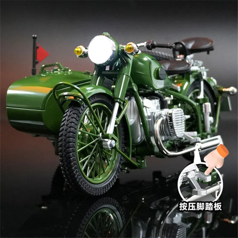 1/10 Alloy Retro Tricycle Side-car Motorcycle Model Diecast Metal Classic Military Motorcycle Model Sound and Light Toy Gift