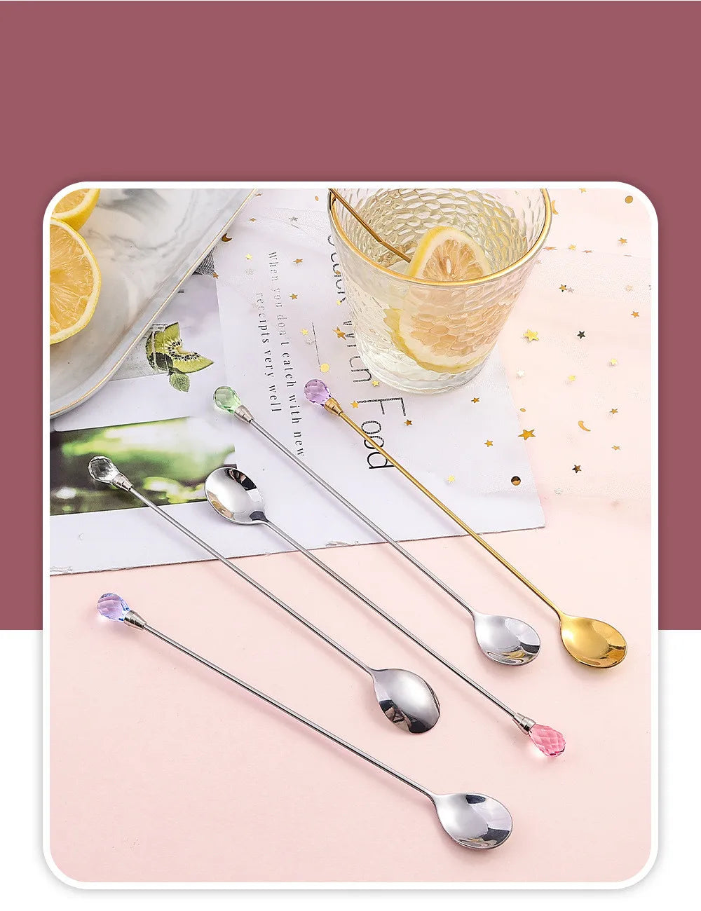 4pcs Diamond Coffee Spoon Stainless Steel Long Stirring Spoon Exquisite Crystal Teaspoon for Cafe Ice Cream Dessert Cocktail Mug