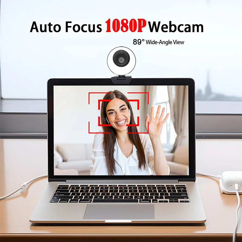 1080P Webcam Live Streaming Fill Light Web Cam for Pc USB Camera Auto Focal 60FPS for Online Study Conference Video Recording