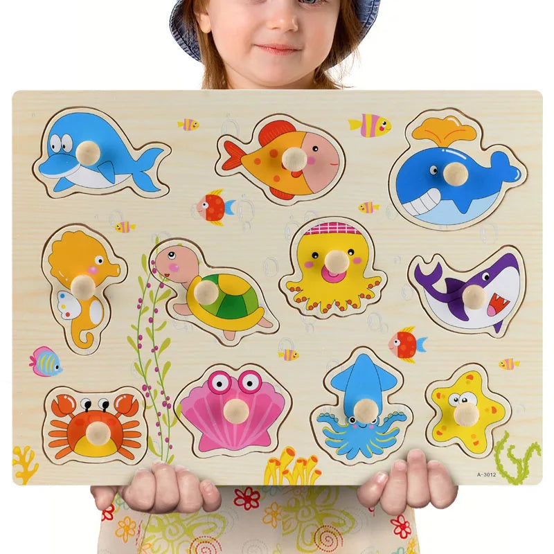 Montessori Wooden Puzzles Hand Grab Boards Toys Tangram Jigsaw  Educational Toys Cartoon Vehicle Animals Fruits 3D Puzzles