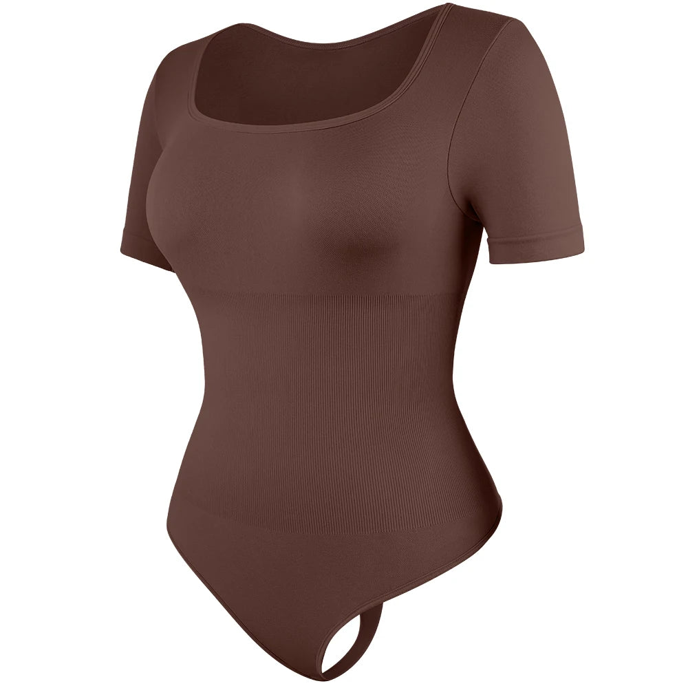 Square Neck Short Sleeve Bodysuit for Women – Full Body Control Shapewear