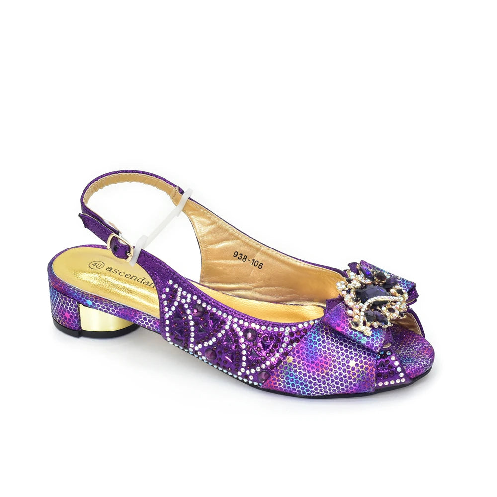Pattern Popularity Newest Sandals Ladies Shoes and Bag Set Full Diamond Fashion Design Purple Color Pumps for Wedding Party