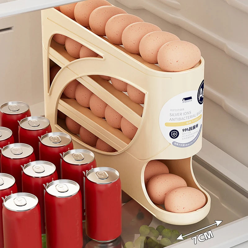 4-Layer Automatic Rolling Egg Holder Rack – Refrigerator Egg Storage Box Kitchen Organizer