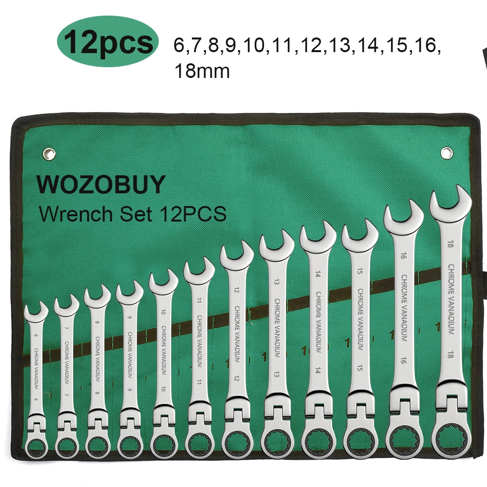 Metric Ratchet Spanner Wrench Set 8–22mm Flex Head 72-Tooth Gear Ring Combination Wrench Kit with Canvas Storage Bag