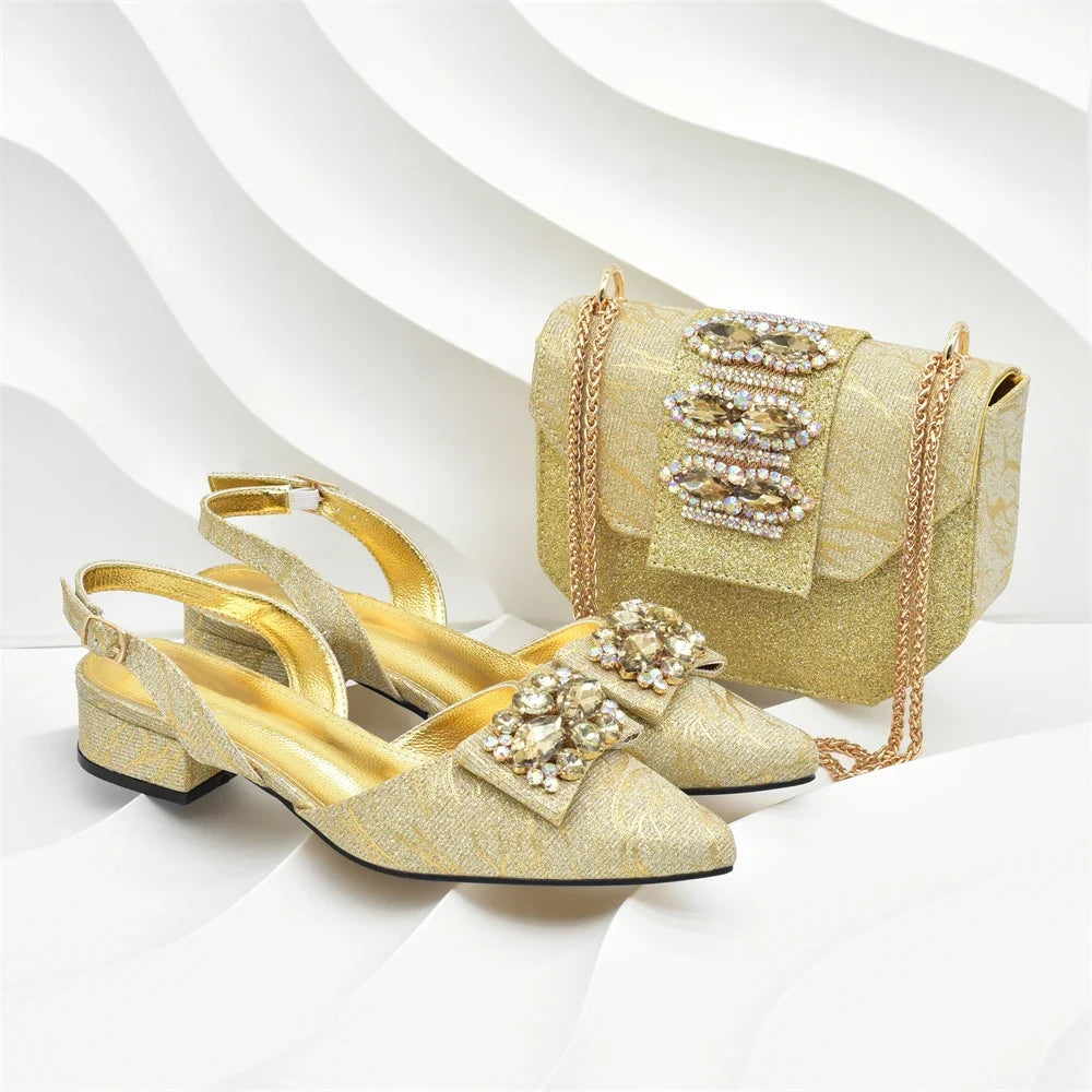 Women Shoes and Bags To Match Set Italy Lady Crystal Low Heels Pointed Toe Party Shoe and Bag African Women Ladies Wedding Pumps