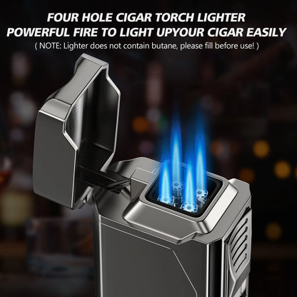 Cigar Lighter 4 Jet Flame Cigar Lighters with Cigar Cutter Cigar Accessories Cigar Draw Enhancer Windproof Refillable Butane