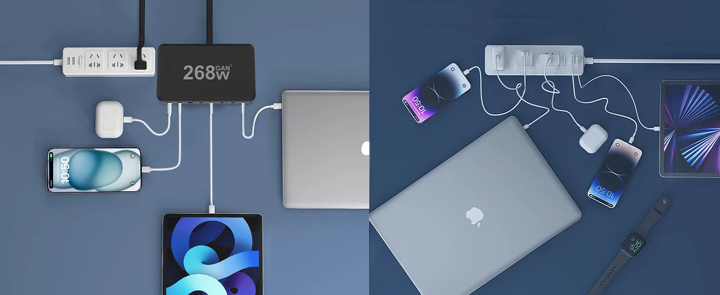 268W USB C Charger, Portable Travel 3rd GaN Charger, 8-Port Fast Charging Station, Multi Port USB Charger, PD100W Laptop Charger