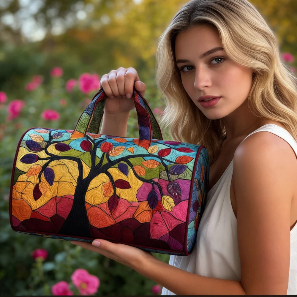 Quilted Duffle Bag Colorful Tree Travel Tote Bags for Men Women Weekender Bag with Colors Leaves Camping Hiking Picnic Festival