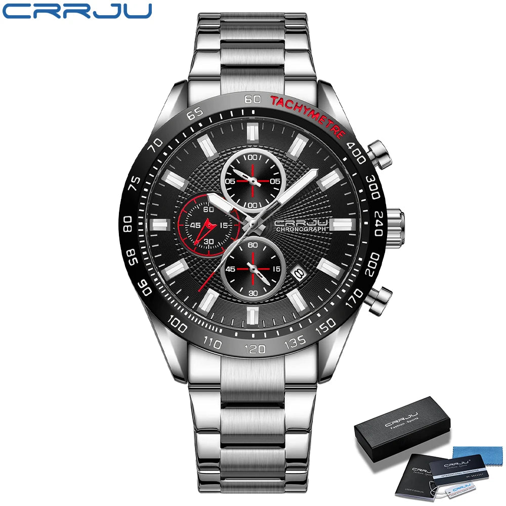 Men Watch Fashion Sports Chronograph Wristwatches Stainless Steel Strap with Auto Date
