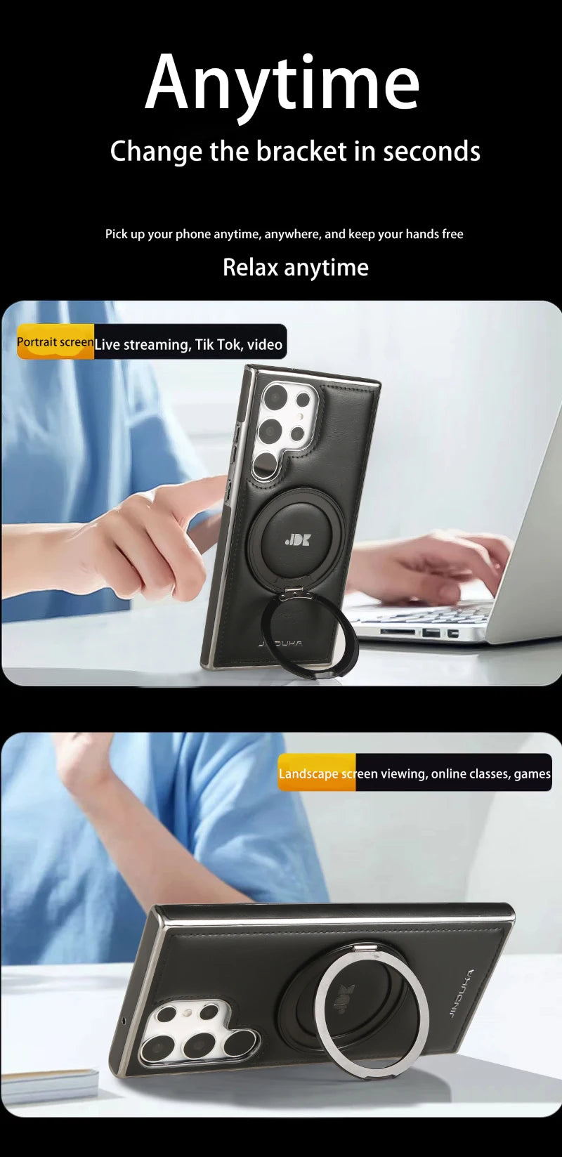 For Magsafe  360°Rotating Metal Car Bracket Ring Solid Color Leather Phone Case For Samsung S24 Ultra S22 S23 Ultra Plus