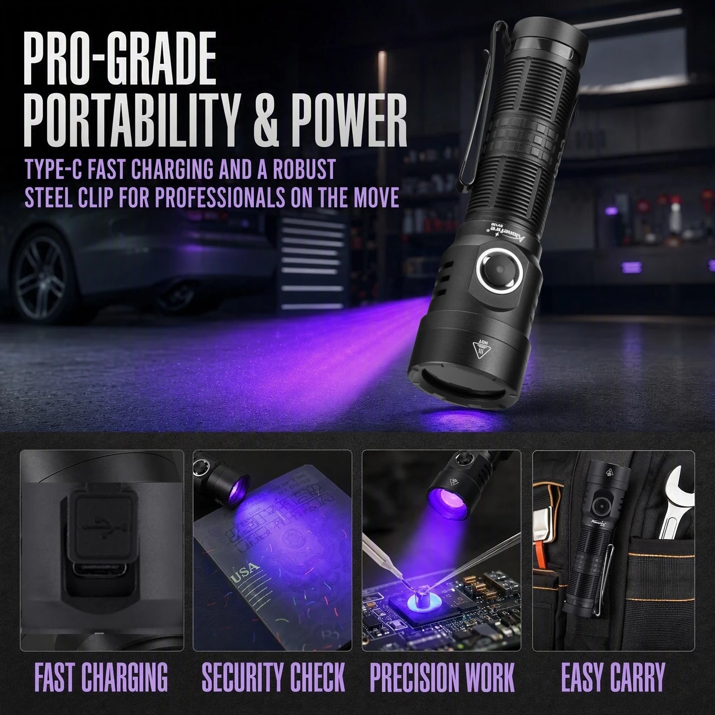 20W 365nm UV Rechargeable Blacklight Flashlight