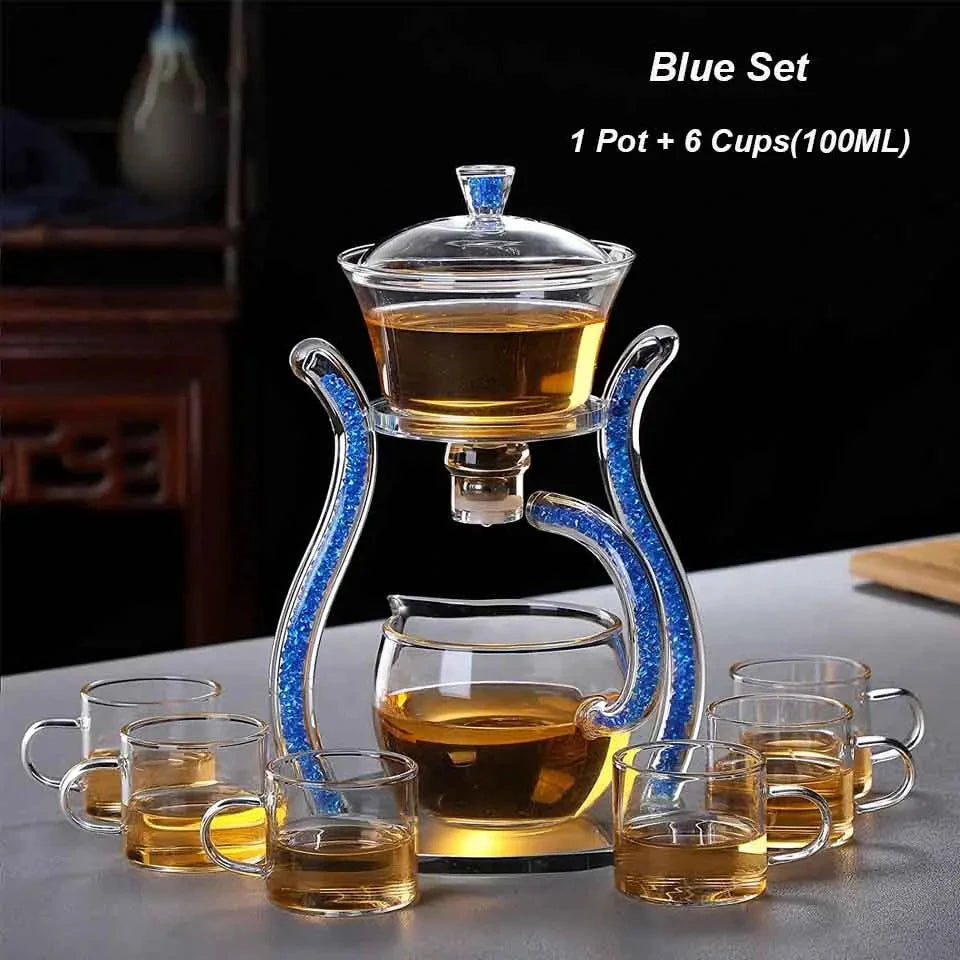 Glass Automatic Lazy Tea Set  Crystal Glass Teapot Set Rotating Cover Kung Fu Heat-Resistant Teapot 6 Cups