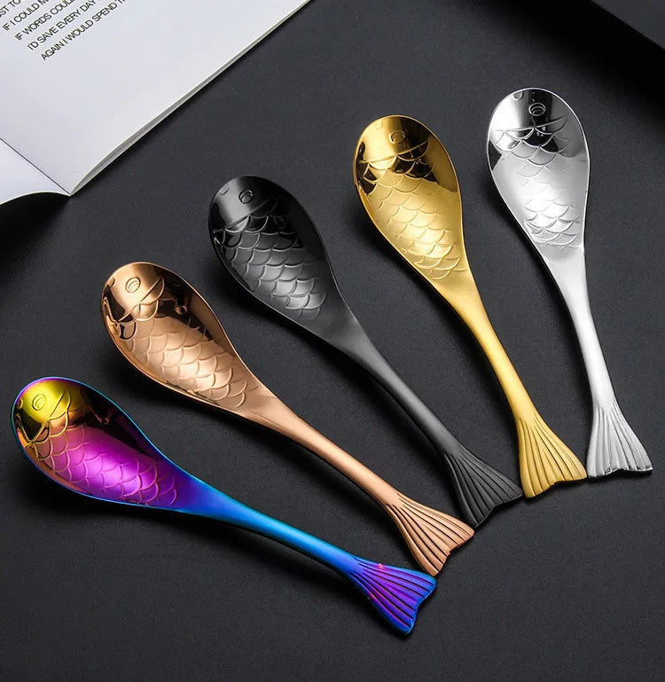 Cute Fish-Shaped Stainless Steel Soup Spoon, Food Grade Cutlery for Ice Cream Desserts, Creative Mermaid Spoon Kitchen Tableware