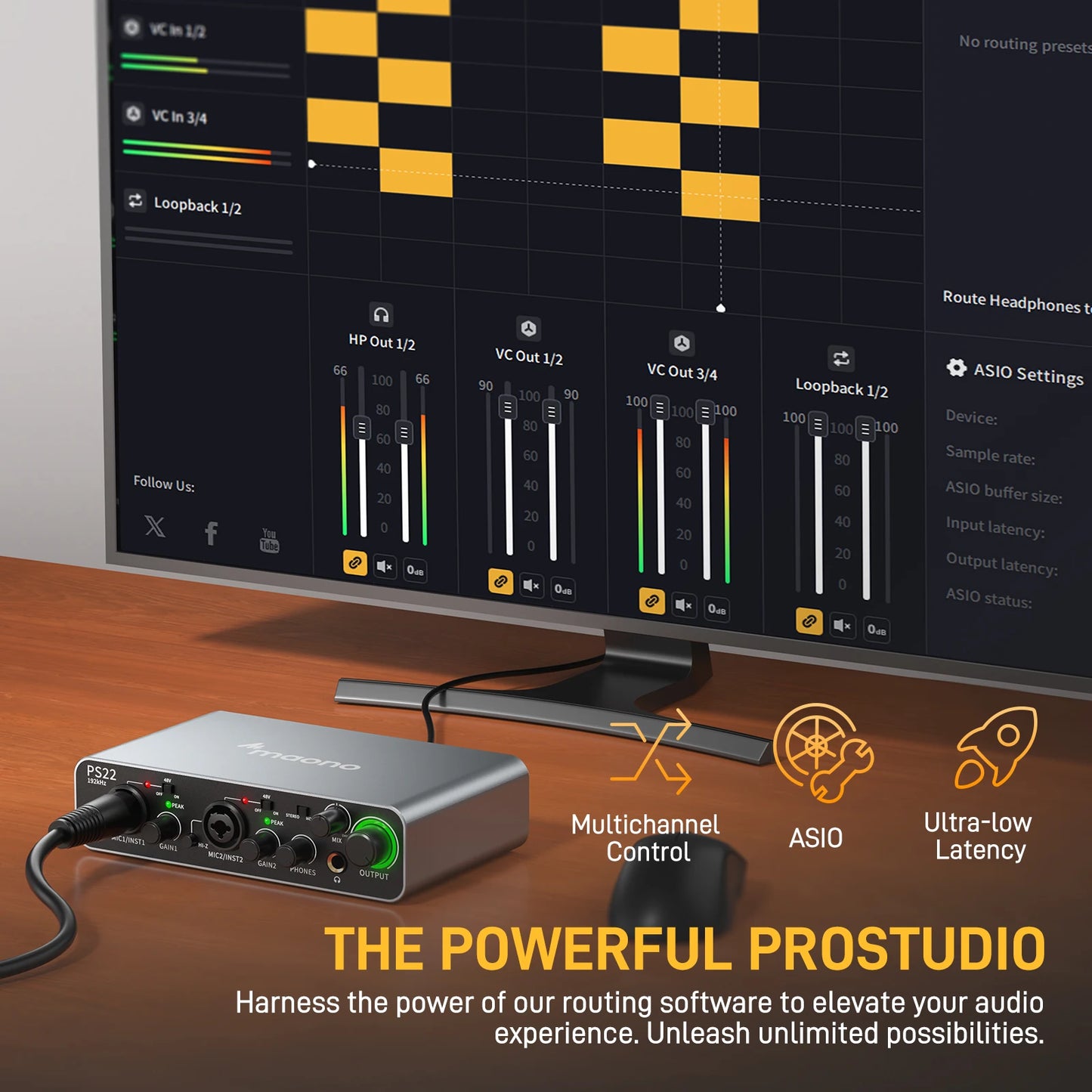 PS22 USB Audio Interface for PC,60dB Pro-Preamp, 24bit 192kHz,Dual USB Interface for PC and Smartphone, Routing Software