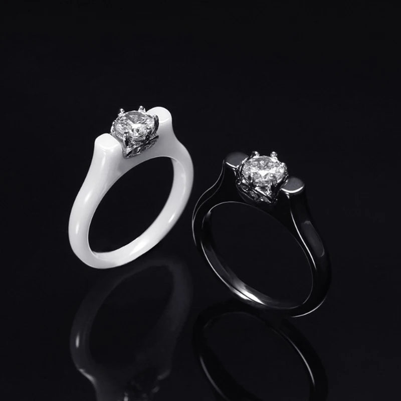 Shinny Cubic Zirconia Ceramic Ring For Women Black/White Color Engagement Wedding Couple Rings