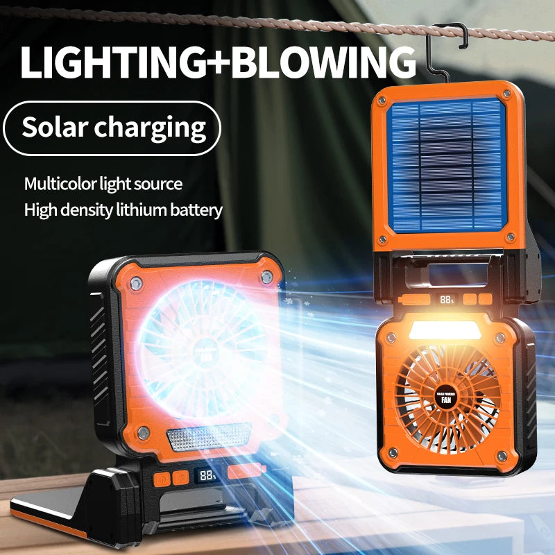 Outdoor Solar Rechargeable Camping Fan Light Foldable Tent Lantern with LED Light USB Portable
