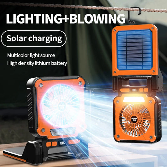 Outdoor Solar Rechargeable Camping Fan Light Foldable Tent Lantern with LED Light USB Portable