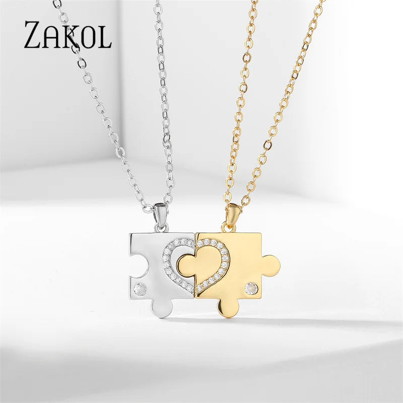 Geometric Puzzle Couple Necklaces for Women Fashion White Gold Color Zircon Pendant