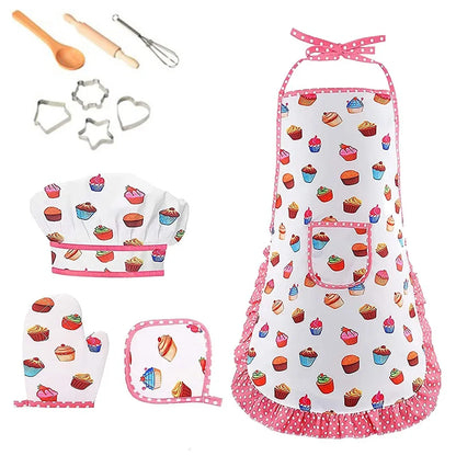 Apron for Little Girls 4/11Pcs Kids Kitchen Cooking Baking Pretend Play Set Simulation Pink Chef Baking Tool Play House Toys