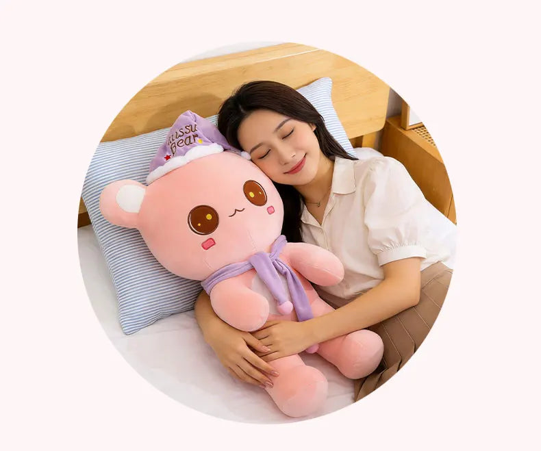 Cute Bear Plush Toy With Sleep Hat And Scarf Soft Pillow