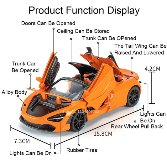 1:32 720S Senna Sports Car Model Toy Doors Opened Metal Die-cast Sound Light Miniature Vehicles Models Boys Collection Gifts