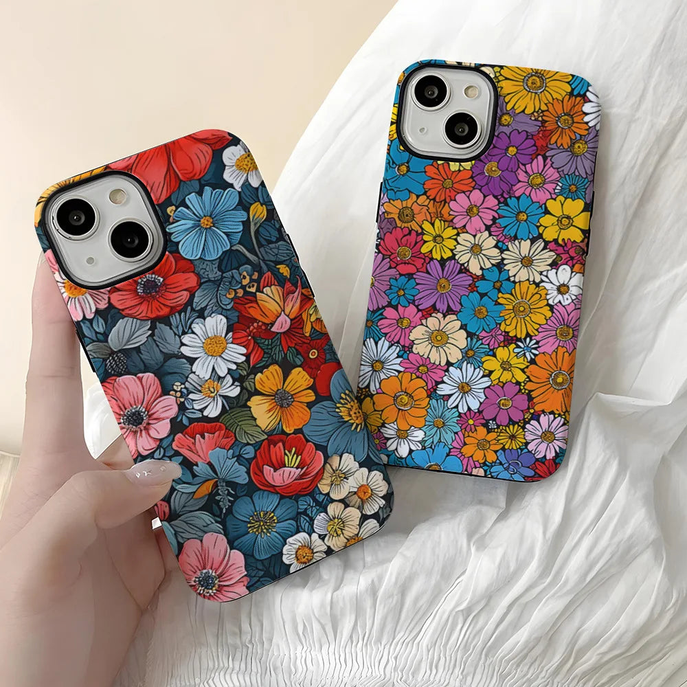 Art Drawing Flower Printed Daisy Phone Case for iPhone 16 15 13 14 Pro Max 16 15 Plus 2 in 1 Hard Protection Cover