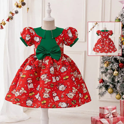 Girls Elegant Dresses Santa Claus Snowflake Print Child Christmas Costume Red Green Kids Princess Dress Party Evening Clothing