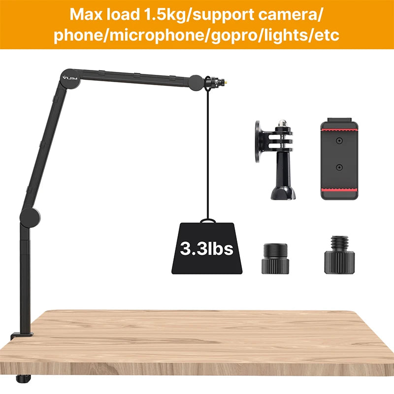 Desktop Microphone Boom Arm Stand Extend 1/4'' 3/8'' 5/8'' Screw 90° Hover Bracket for DSLR GoPro Smartphone