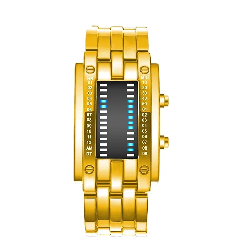 Business Men Stainless Steel Blue Binary Luminous LED Electronic Watch Displays Waterproof Fashion Women Led Watch