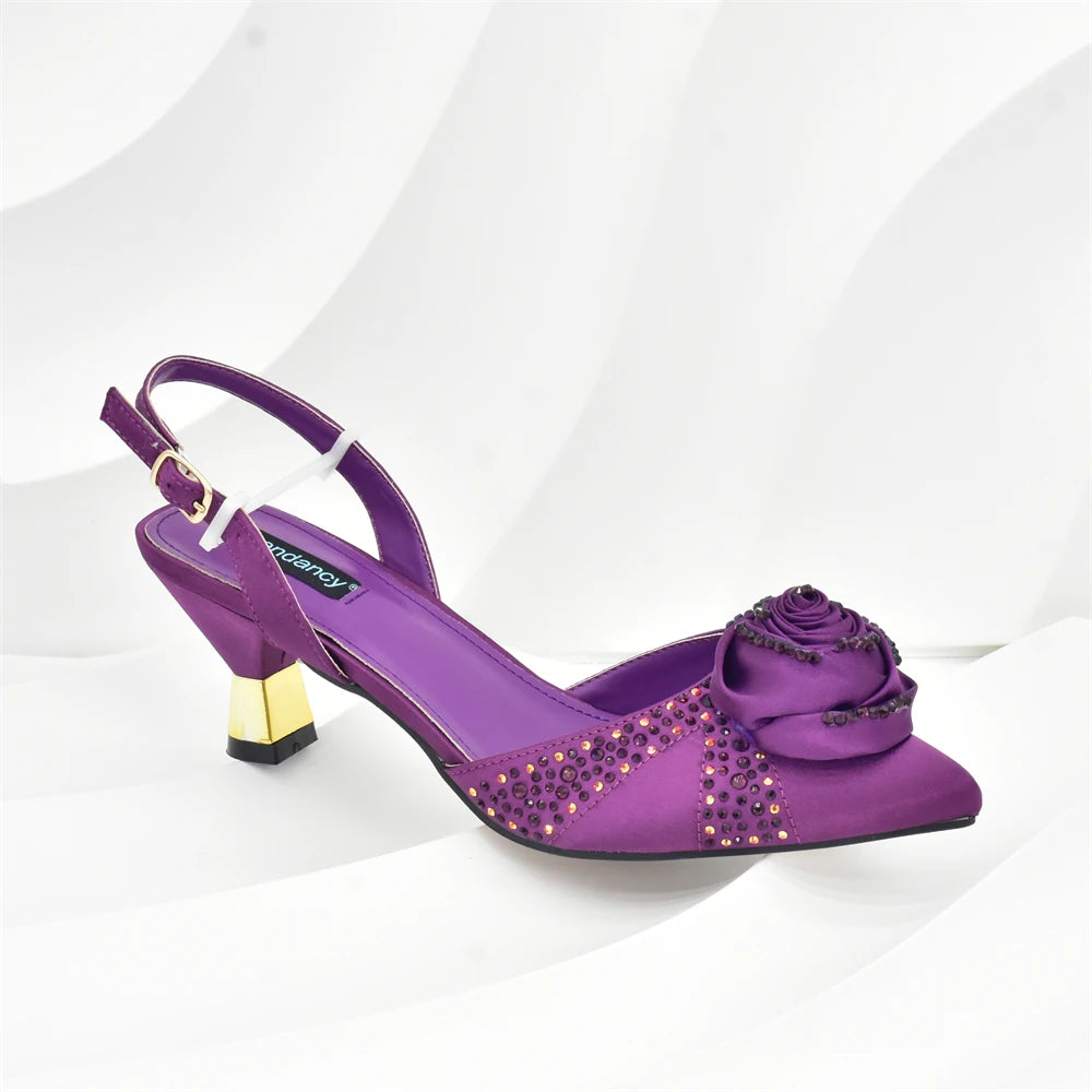 Italian Wedding Matching Shoes and Bags Decorated with Handmade Flowers Diamonds Pointed Toe Women Pumps with Purse