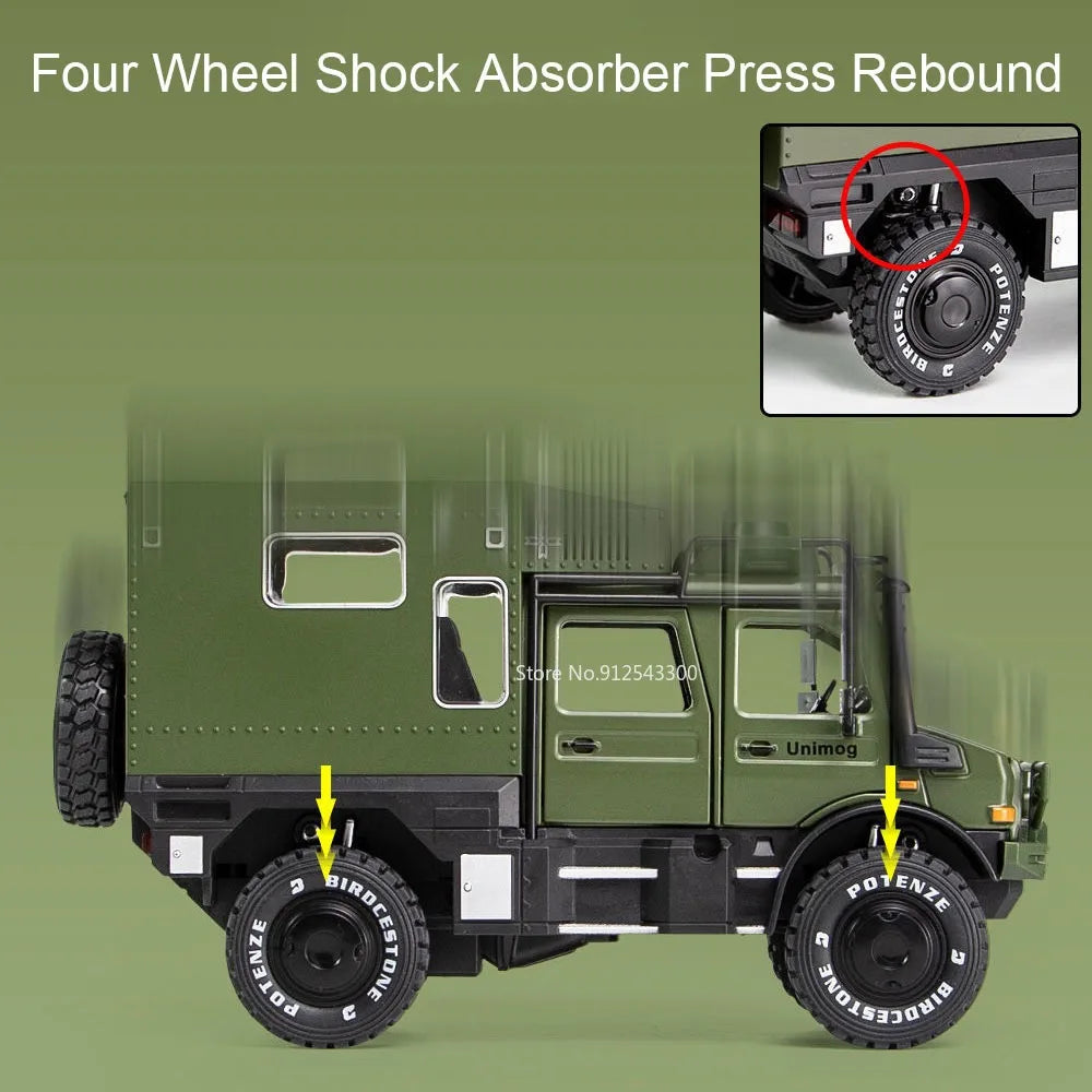 1:28 Scale X-Class 6x6 UNIMOG Motorhome Camping Car Model Toy Shock Absorption Sound Light Pull Back Off-road Vehicles Boys Gift