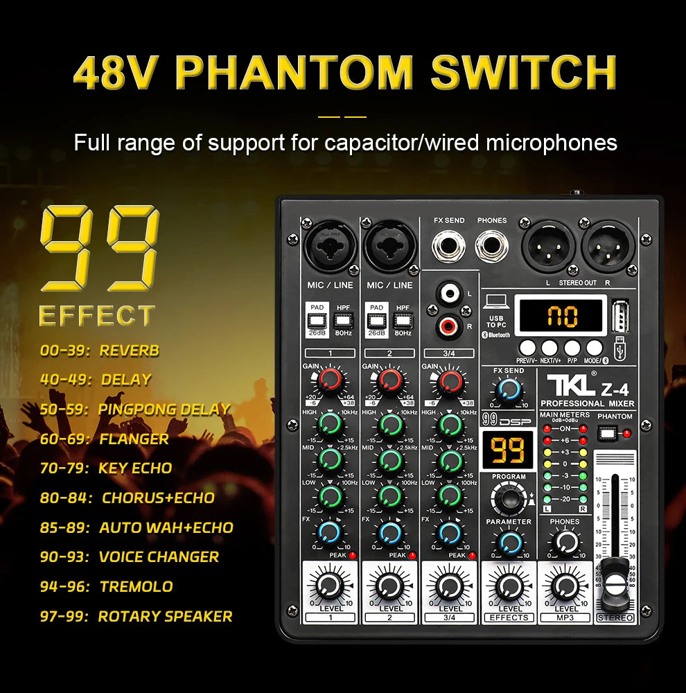 4 Channel Audio Mixer With 99 DSP Effects Bluetooth USB And 48V Phantom Power