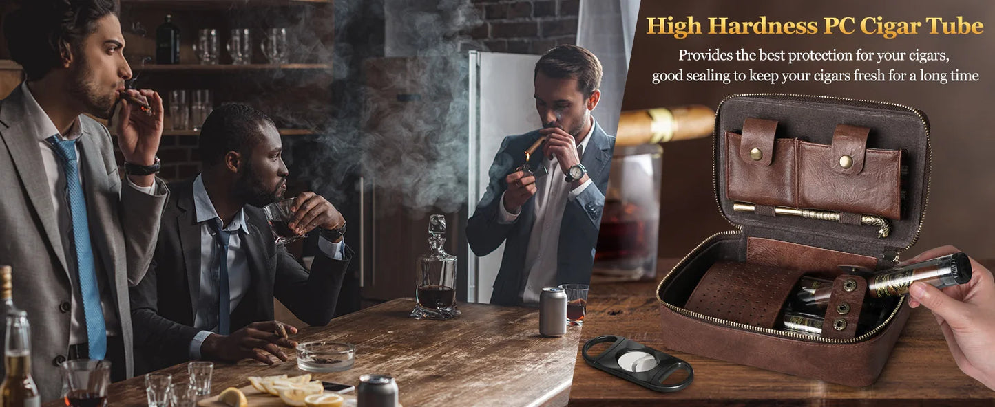 Cigar Humidor, Leather Travel Cigar Case, Include 4 Cigar Tubes & Humidifier, Cigar Draw Enhancer and Multifunction Cigar Cutter