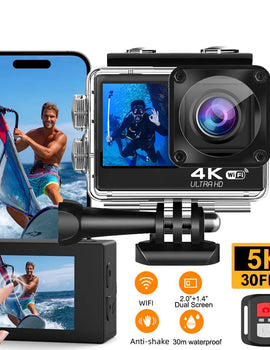 5K Action Camera 4K 60FPS 2" IPS Dual Touch Screen 4X Zoom Pro Action Cam 30M Waterproof WiFi Sports Camera with Remote Contro