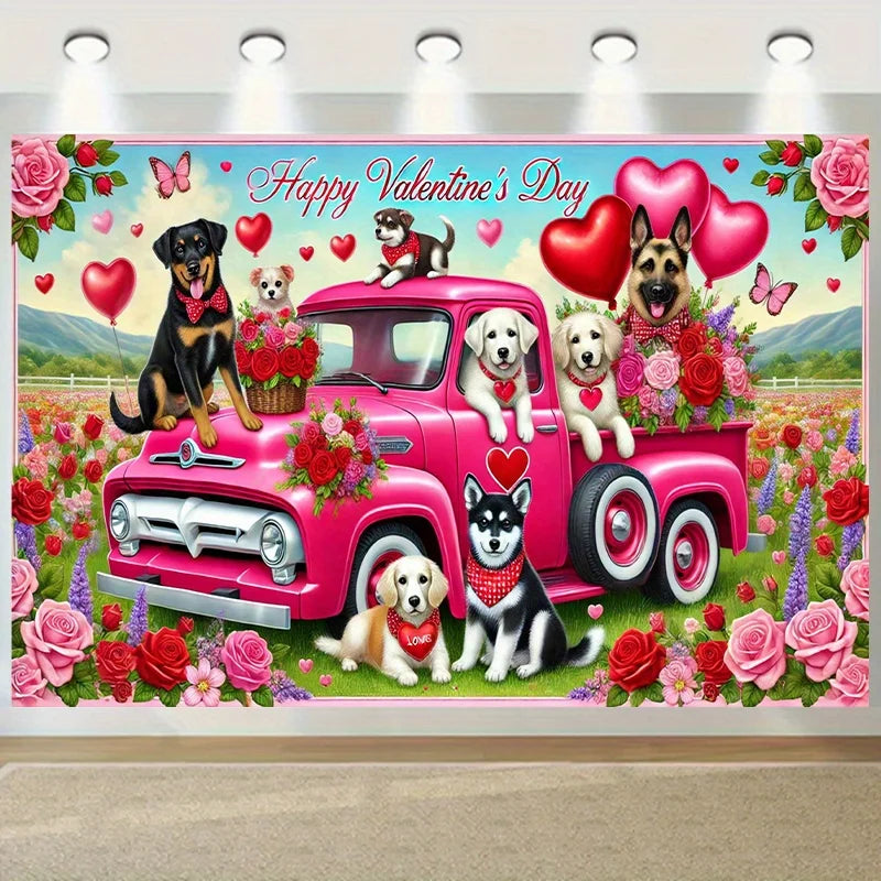 Valentine's Day Dog Truck Tapestry Pink Retro Car Rose Field Living Room Background Wall Valentine's Day Decoration