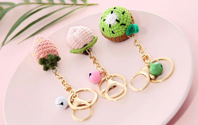 5 Pcs Handmade Weaving Keychain Wool Crochet Unique Knitted Pendant Keyring Strawberry Watermelon Orange Pendant Key Chain Gifts