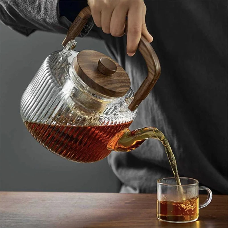 Large Capacity 1300ml Stripe Pattern Glass Teapot with Wooden Beam Handle
