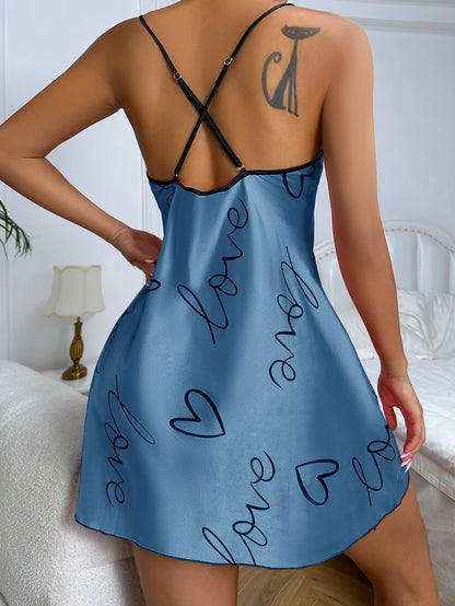 Heart Print Nightdress Elegant Scoop Neck Criss Cross Back Sleep Dress  Women's Sleepwear