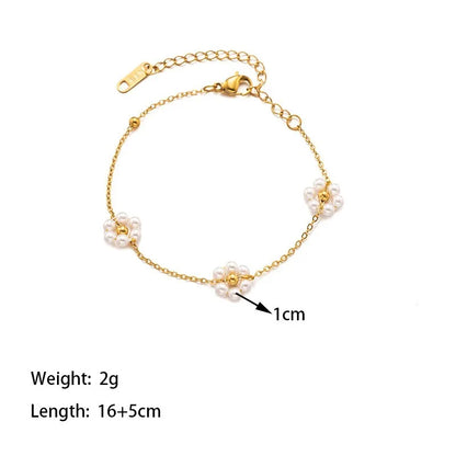 Titanium Steel Flower Pearl Necklace Bracelet Set For Women Girls Elegant 18K Gold Plated Bracelet Chain 45 cm