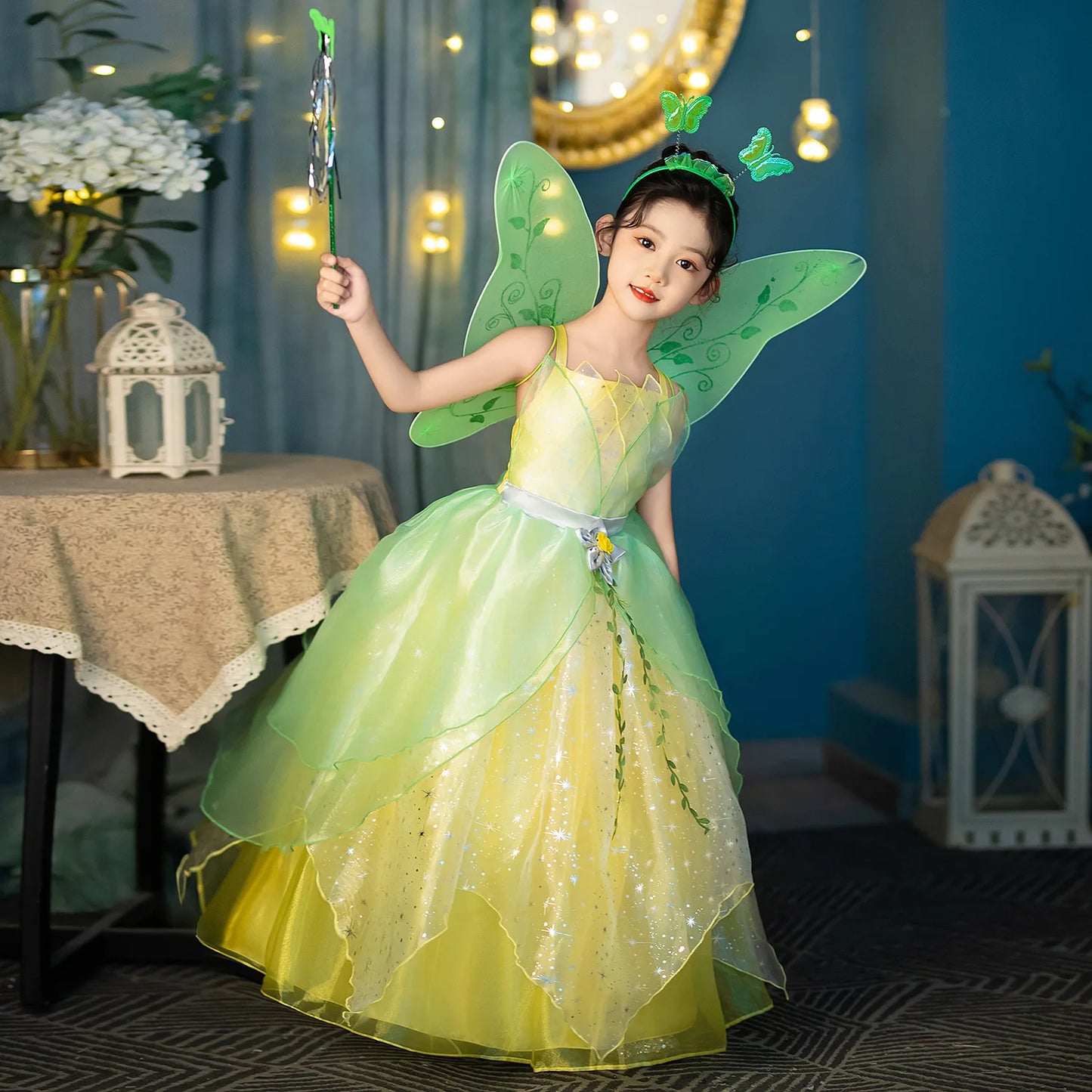 Layered Tulle Fairy Princess Dress Green Yellow Sling Party Costume