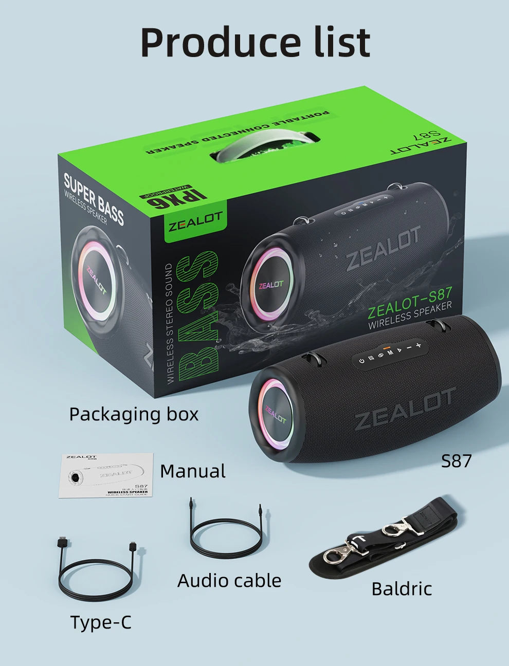 ZEALOT-S87 Outdoor Portable Wireless Bluetooth Speaker 80W High Volume Subwoofer Sound Performace IPX6 Waterproof Camping