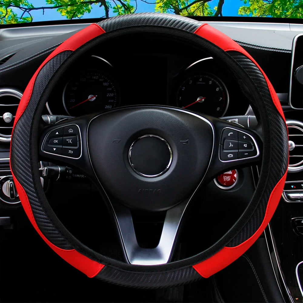 PU Carbon Fiber Leather Car Steering Wheel Cover 37CM 38CM