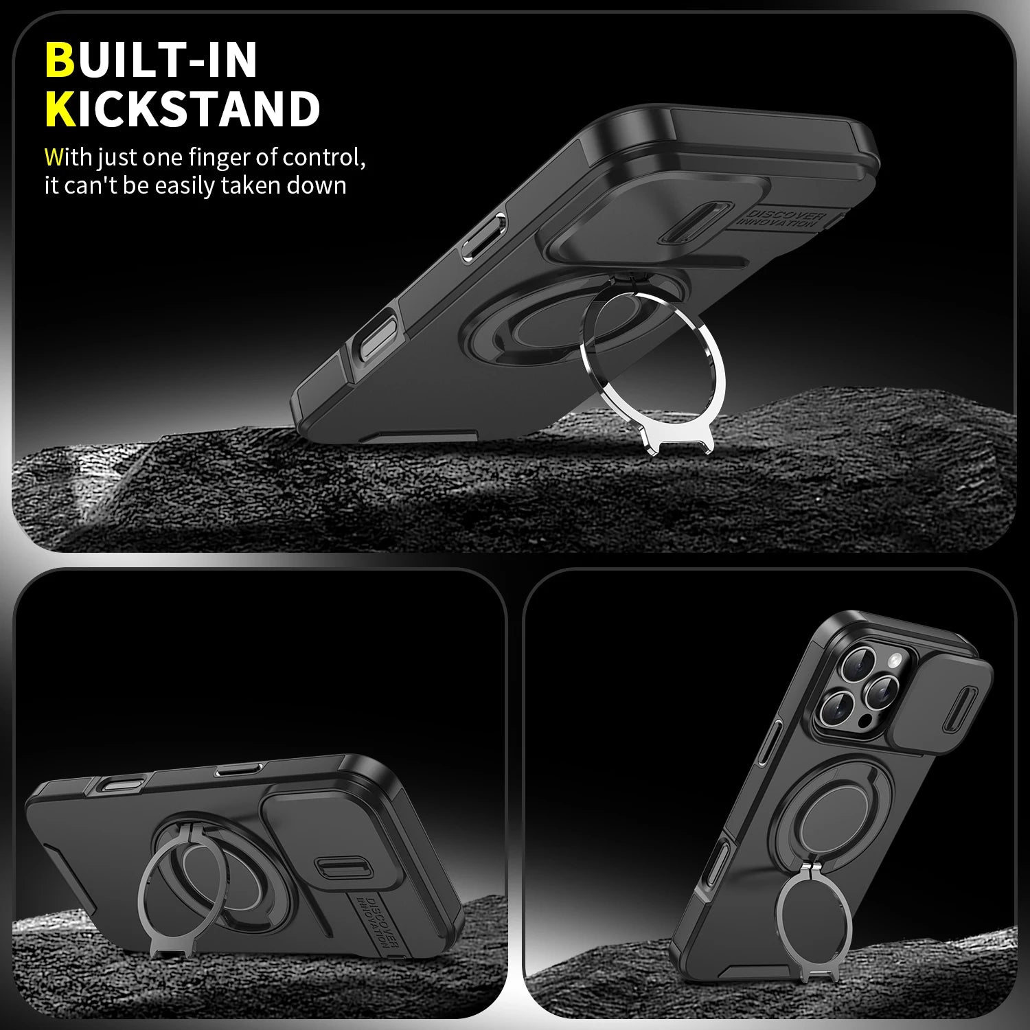 Heavy-Duty Armor Slide Camera Protection Case For iPhone 16 15 14 13 12 11 Pro Max Plus Magnetic 360° Rotating Ring Stand Cover
