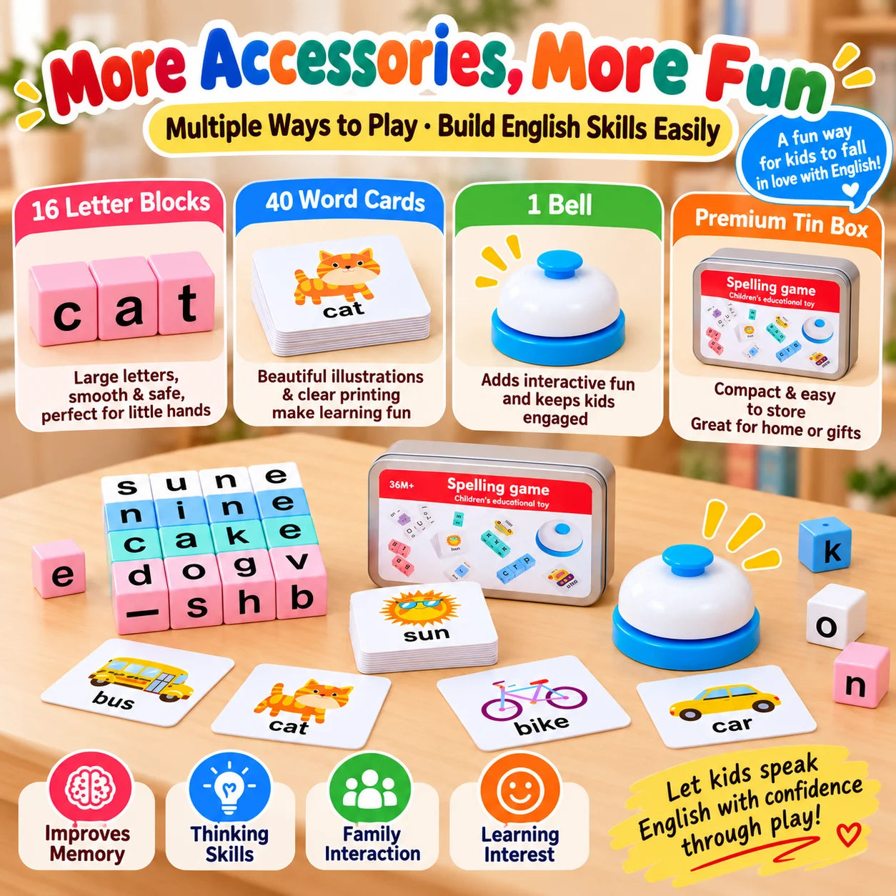 Wooden English Word Spelling and Memory Matching Game