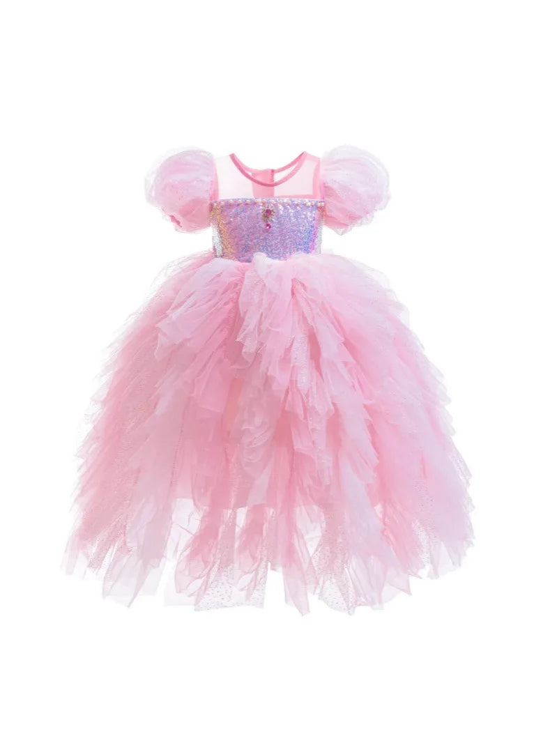 Summer Dress Girls Sparkling Tulle Gown with Bubble Sleeves | Birthday & Children‘s Day Party Princess Costume