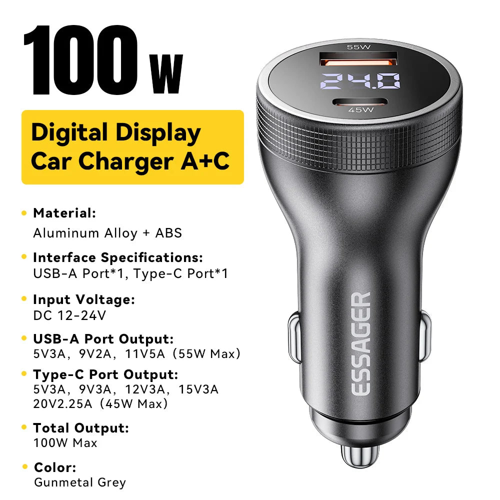 100W USB C Car Charger PD 3.0 QC 4.0 Fast Charging Dual Port Type C + USB Adapter